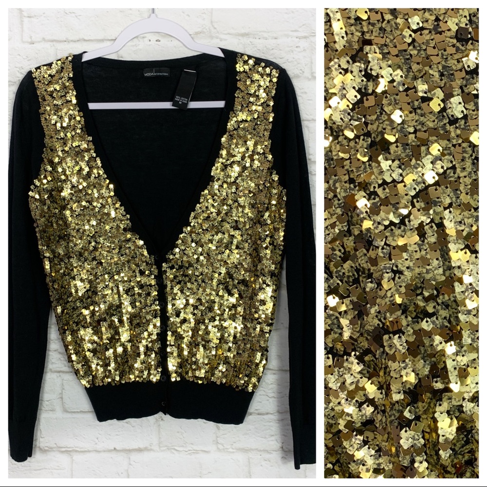 Moda International Gold Sequin Pailette Cardigan M